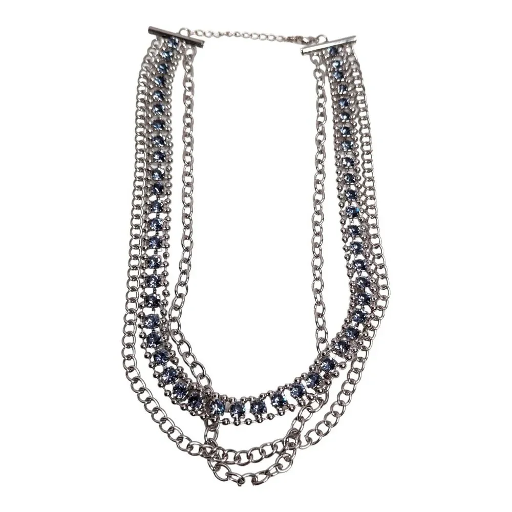 Womens Silver Tone Multi Strand Layered 35in Necklace Blue Rhinestone Curb Chain